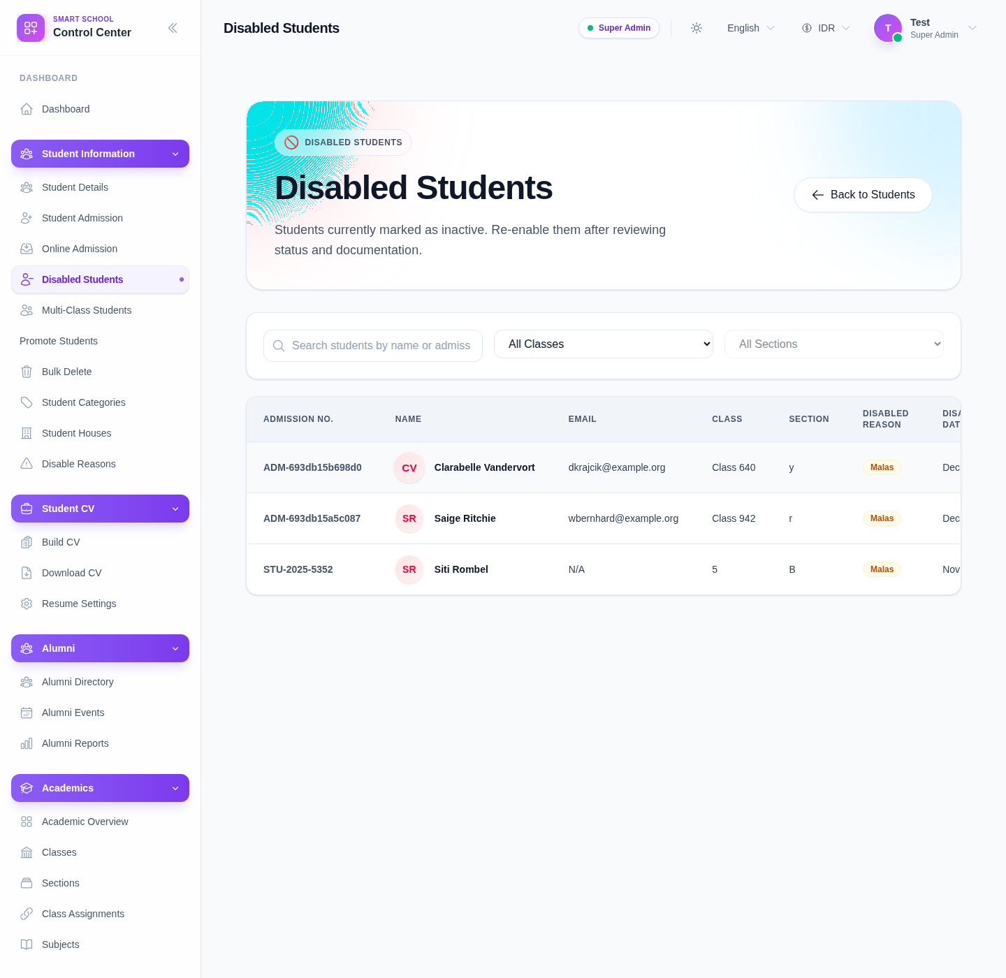 Disabled Students workspace with search, class and section filters, and inactive student rows.