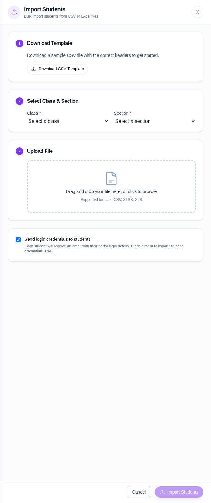 Import Students dialog with sections for template download, class and section selection, file upload, and credential sending.