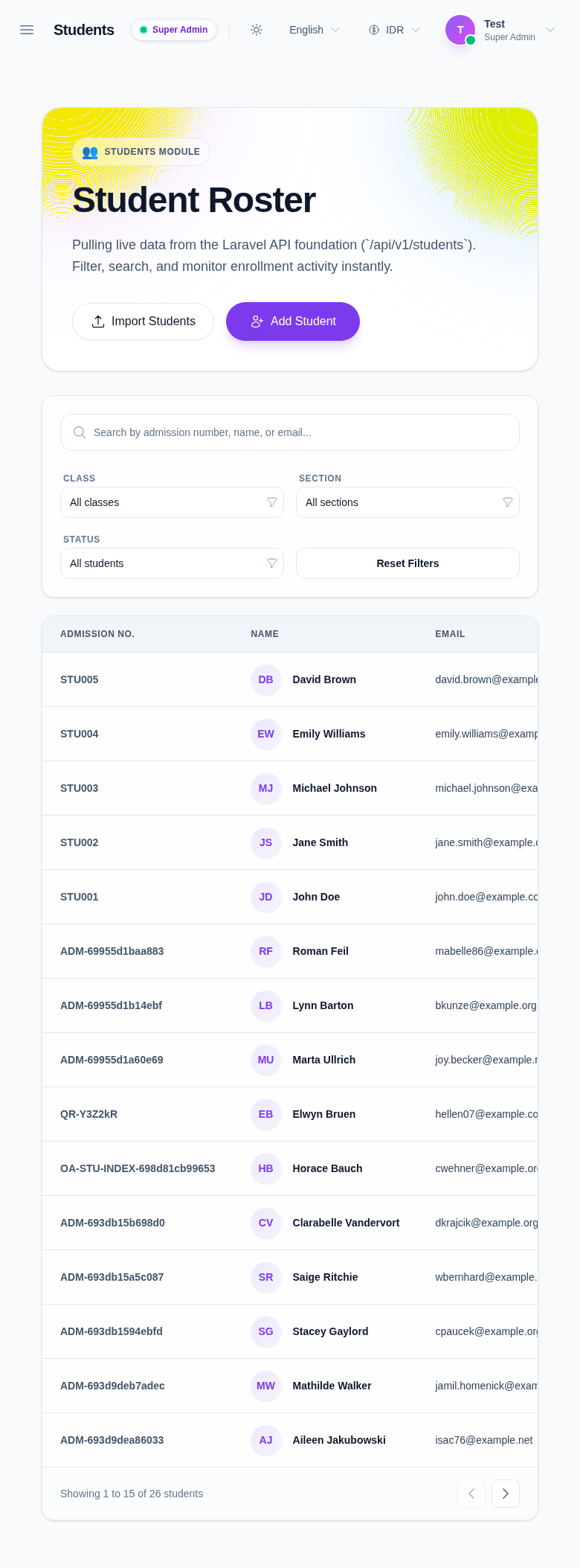 Student roster page with the Import Students button in the header area.