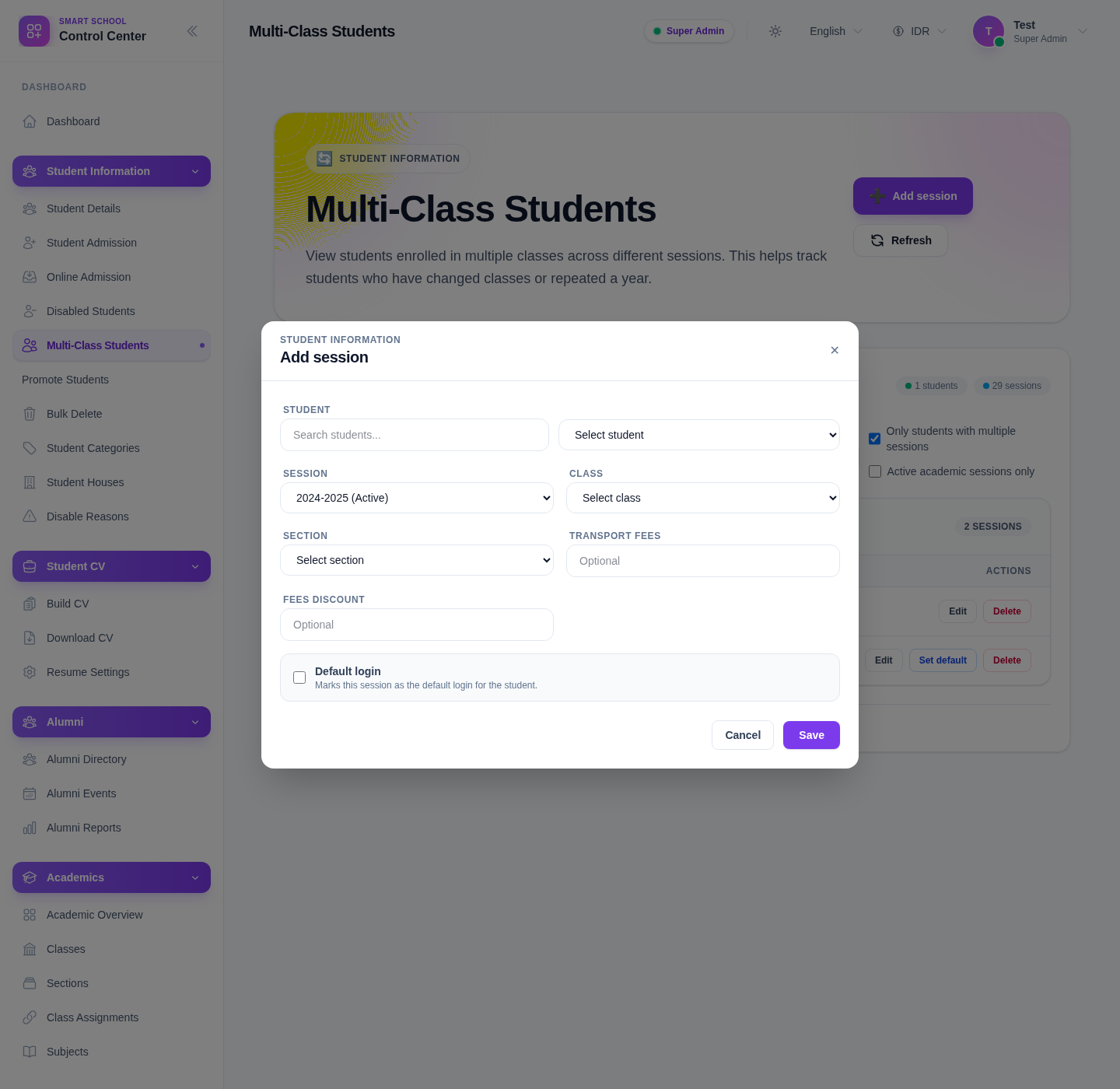 Multi-Class Students page with the Add session panel open beside the linked sessions table.