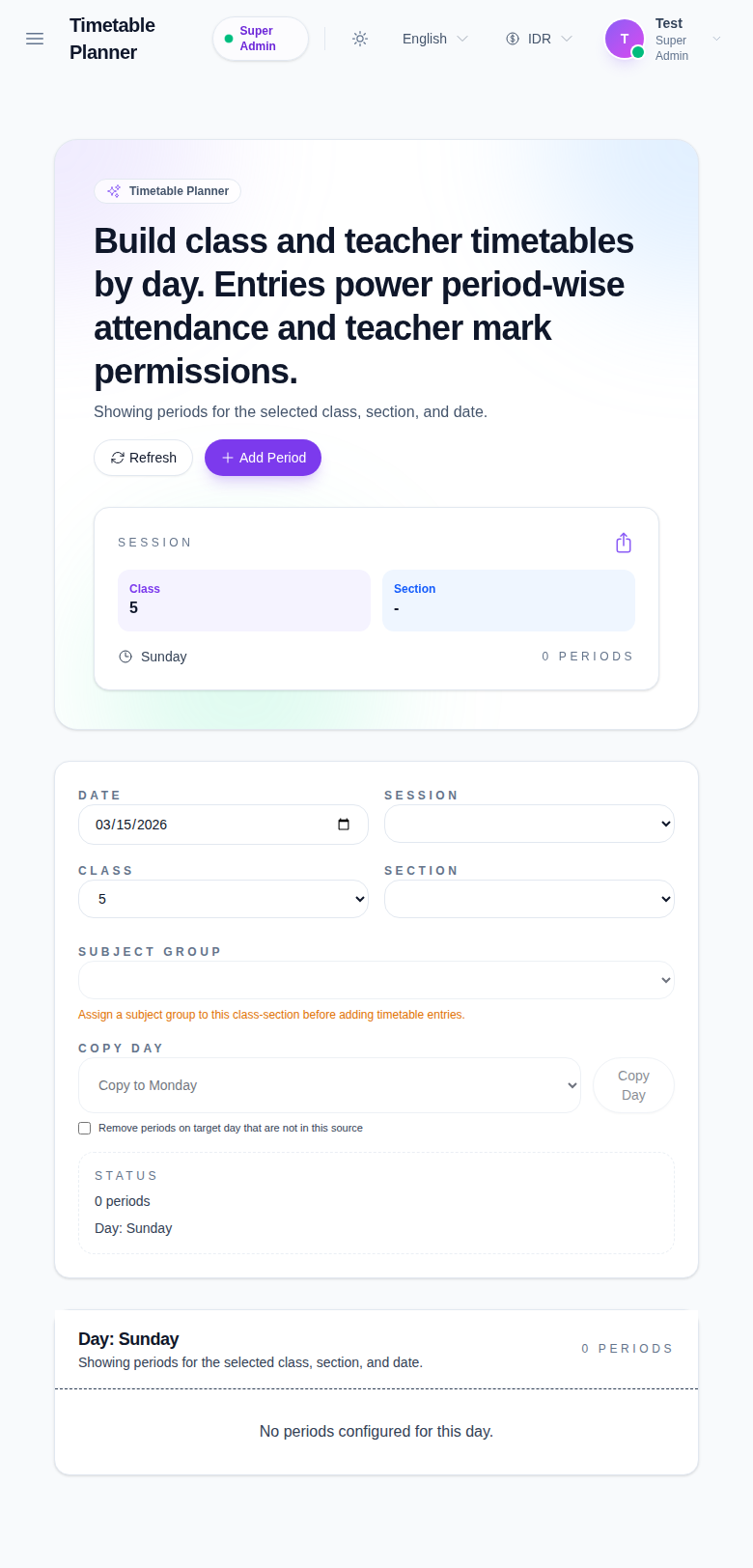 Timetable Planner with header actions, summary cards, and filter controls.