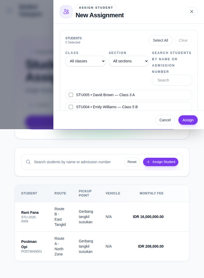 Assign Student drawer with student selection, class and section filters, route pickup point fields, and assign action.