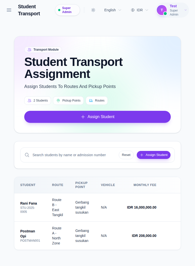 Student Transport Assignment workspace showing assignment summary chips, search bar, and assignment table.