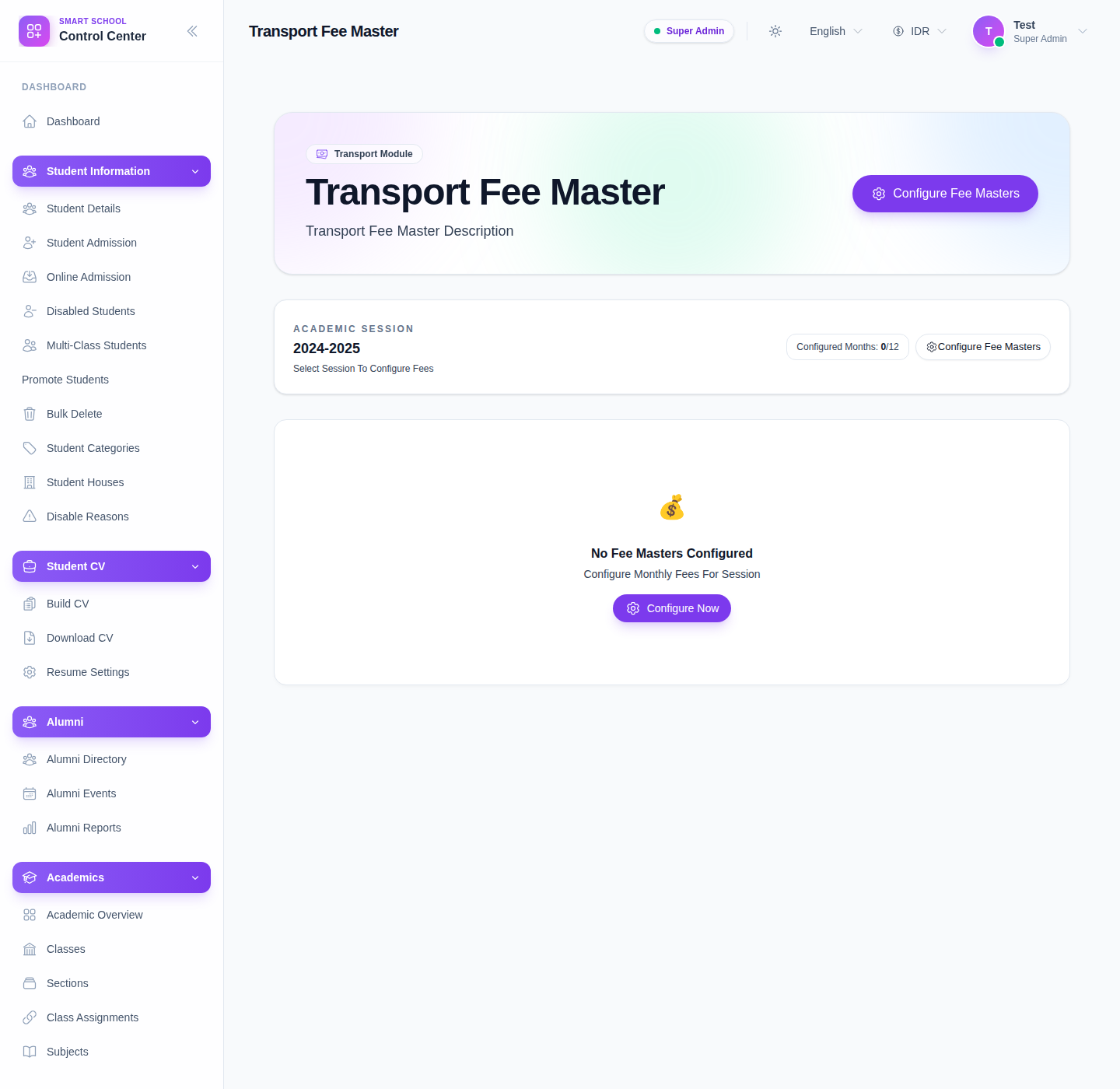 Transport Fee Master workspace showing active academic session, configured-month summary, and configure actions.