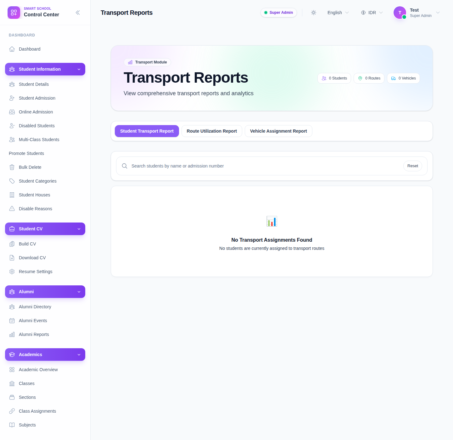 Transport Reports workspace showing summary chips, report tabs, student search, and empty-state reporting panel.
