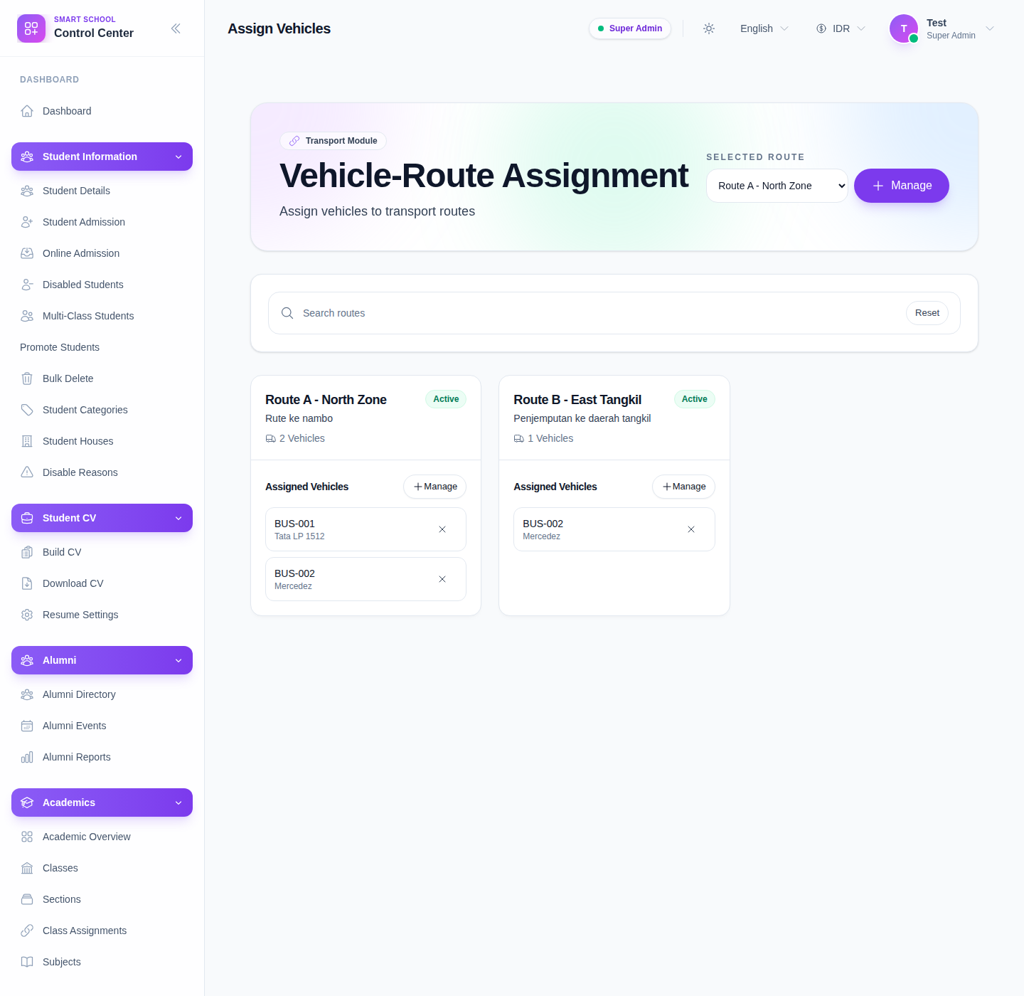 Vehicle-Route Assignment workspace showing route selector, search, and route cards with assigned vehicles.